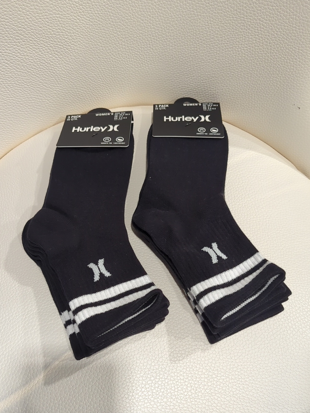 Hurley Women’s Black Crew Socks with White Stripes and Logo - 6 Pair Total